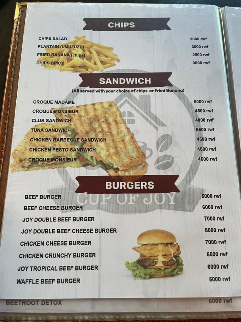 Cup of Joy menu page 6: Chips, sandwiches & burgers