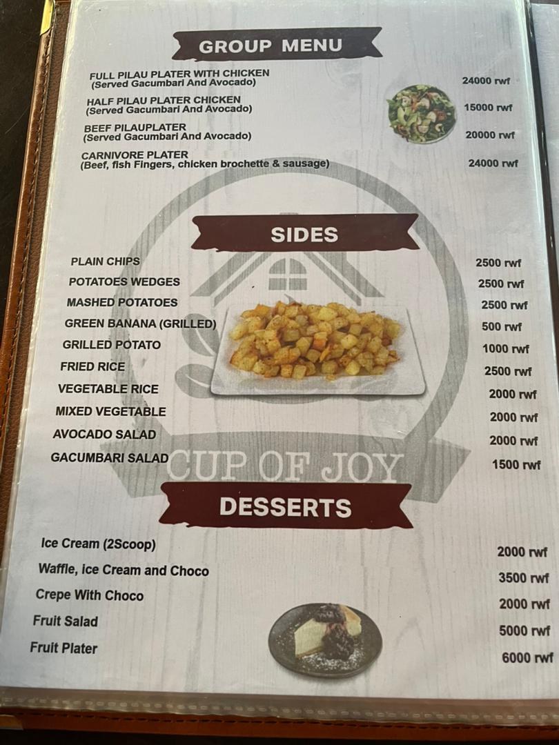 Cup of Joy menu page 9: Group menu, sides & desserts