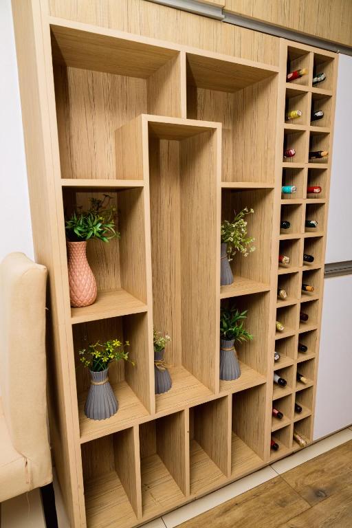 Open shelving with potted plants in the common area