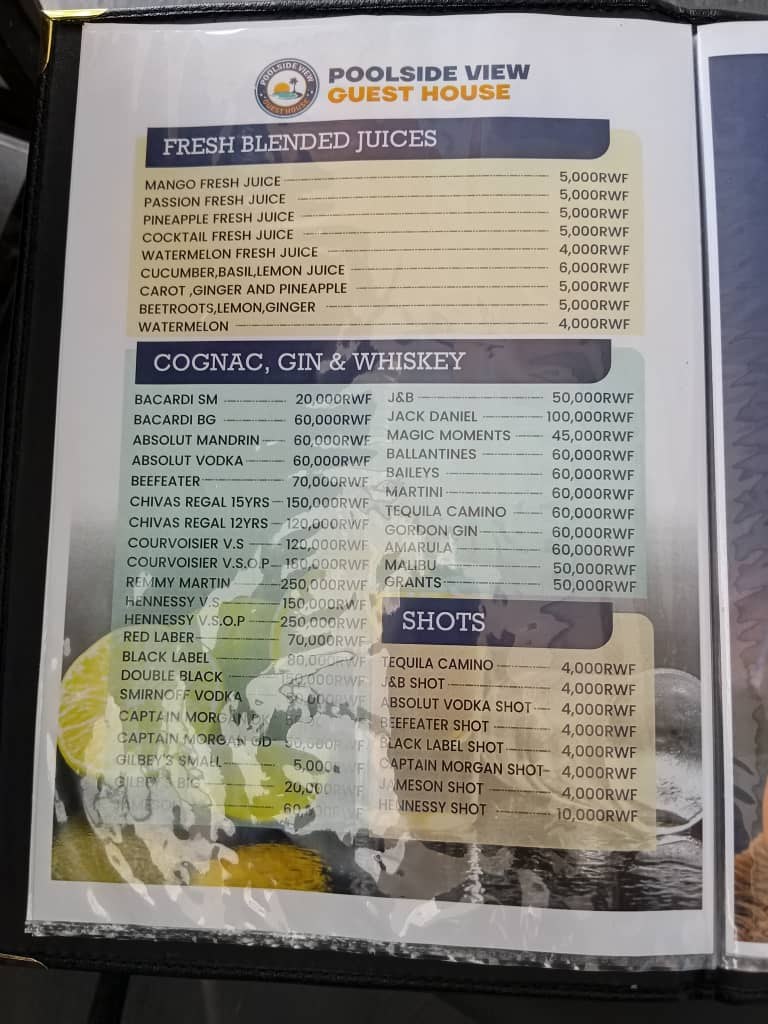Poolside View Guest House menu page 8: Juices, spirits & shots